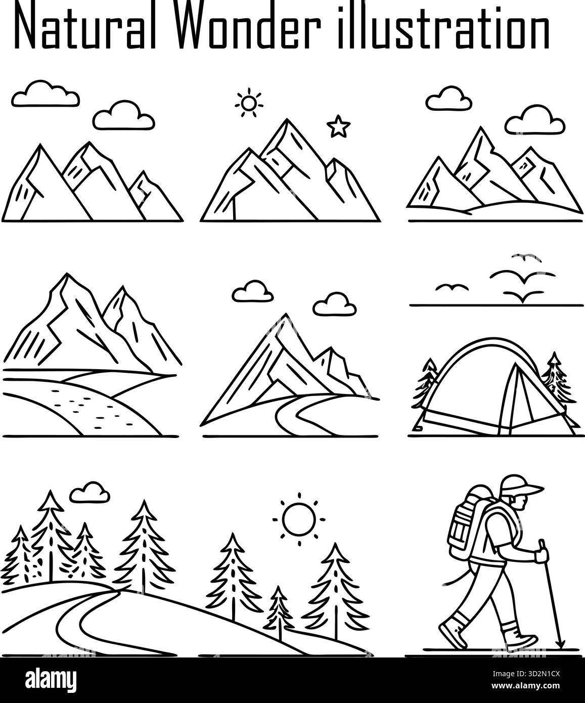 Meraviglie naturali e paesaggi panoramici: Iconici luoghi di interesse naturalistico, montagne, cascate, canyon e formazioni terrestri Illustrazione Vettoriale