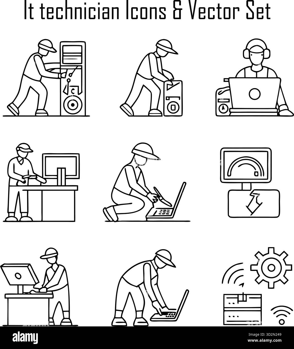 Icone dei tecnici IT e concetto di supporto tecnologico: Riparazione dei computer, configurazione della rete, sicurezza informatica, Help Desk Illustrazione Vettoriale