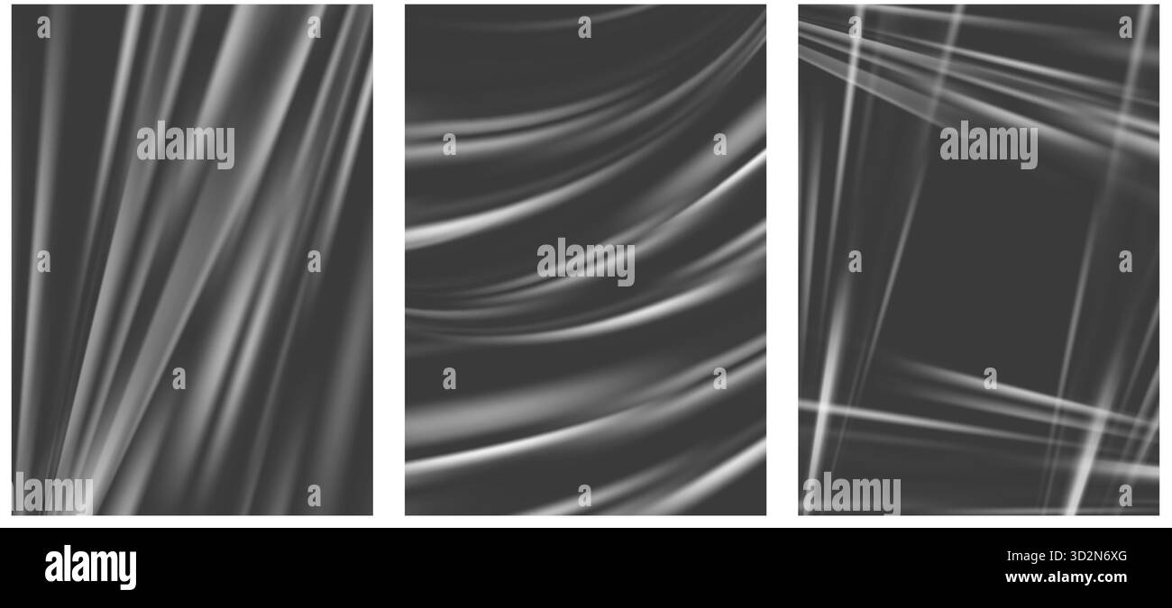 Mockup in plastica trasparente con effetto trasparente su sfondo nero. La pellicola in vinile copre lo sfondo con le grinze. Sacchetti in polietilene vettoriale testurizzato Illustrazione Vettoriale