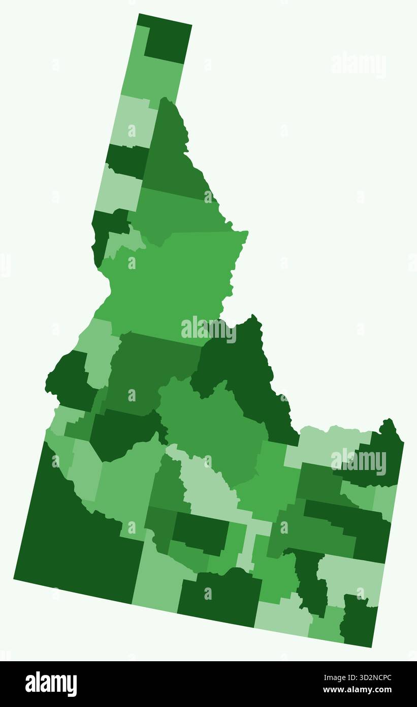 Mappa dell'Idaho con le contee. Una semplice mappa dei confini di stato con le divisioni delle contee. Tavolozza dei colori verde. Illustrazione Vettoriale