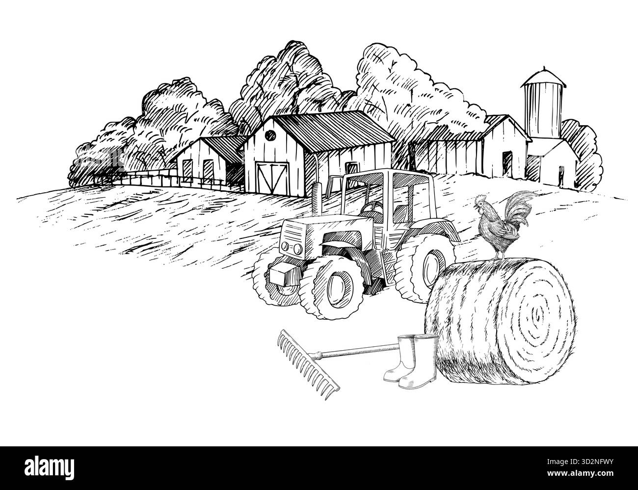 Trattore e gallo su un pila di fieno in un paesaggio rurale di campagna illustrazione realizzata a mano con inchiostro vettoriale. Per il design dell'imballaggio, le schede, la copertina e le stampe Illustrazione Vettoriale