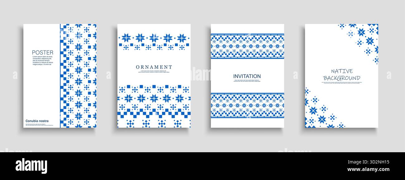 Set di copertine ornamentali tradizionali, modelli, cartelloni, opuscoli, striscioni, sfondi. Manifesti nativi con stampe ornate in blu e motivi culturali Illustrazione Vettoriale
