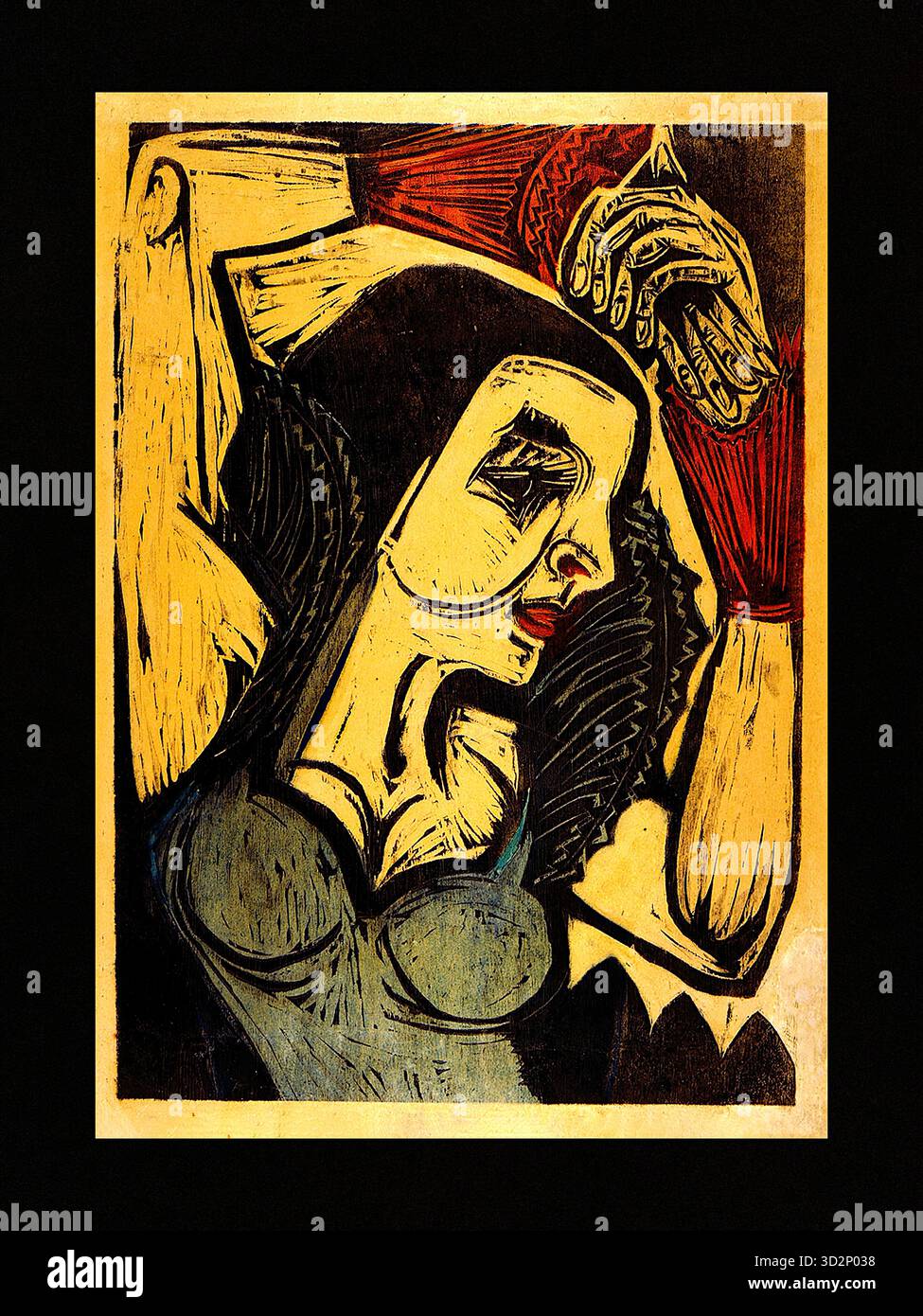 Ernst Ludwig Kirchner - Nina Hard - (1921) - colori audaci e contrasti: Il volto del soggetto è reso in un giallo vivido con contorni neri, in contrasto con i capelli scuri e con un abito blu-verdastro. Lo sfondo presenta sfumature di rosso intenso e blu scuro. Stile espressivo: Il ritratto utilizza una prospettiva spaziale piatta e colori non naturalistici, che sono segni distintivi del movimento espressionista. Espressione del soggetto: Lo sguardo della donna è rivolto verso il basso e lateralmente, il che è stato interpretato come un'atmosfera riflessiva o malinconica. Foto Stock