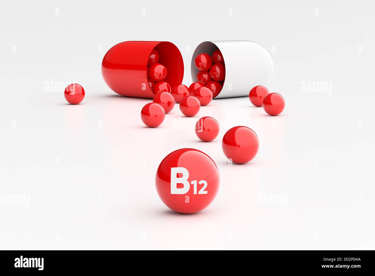 Capsula di vitamina B12 apertura, che mostra molte piccole sfere rosse, simboleggia la salute, la nutrizione e il supporto essenziale Foto Stock