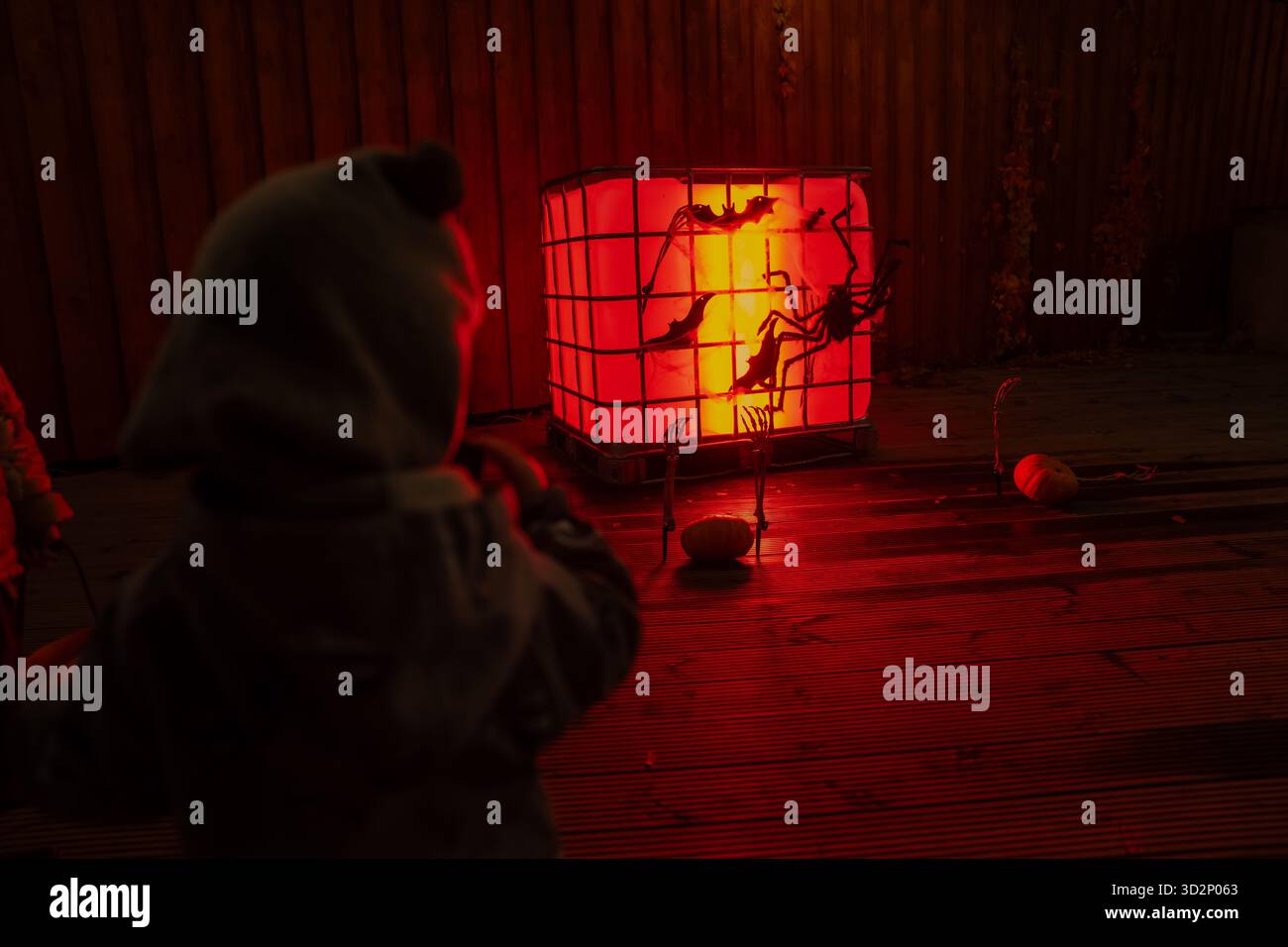 Il bambino indossa abiti caldi che guardano un cubo illuminato rosso brillante con decorazioni di ragno di Halloween e pipistrelli su una terrazza in legno, che crea luce notturna soffusa Foto Stock
