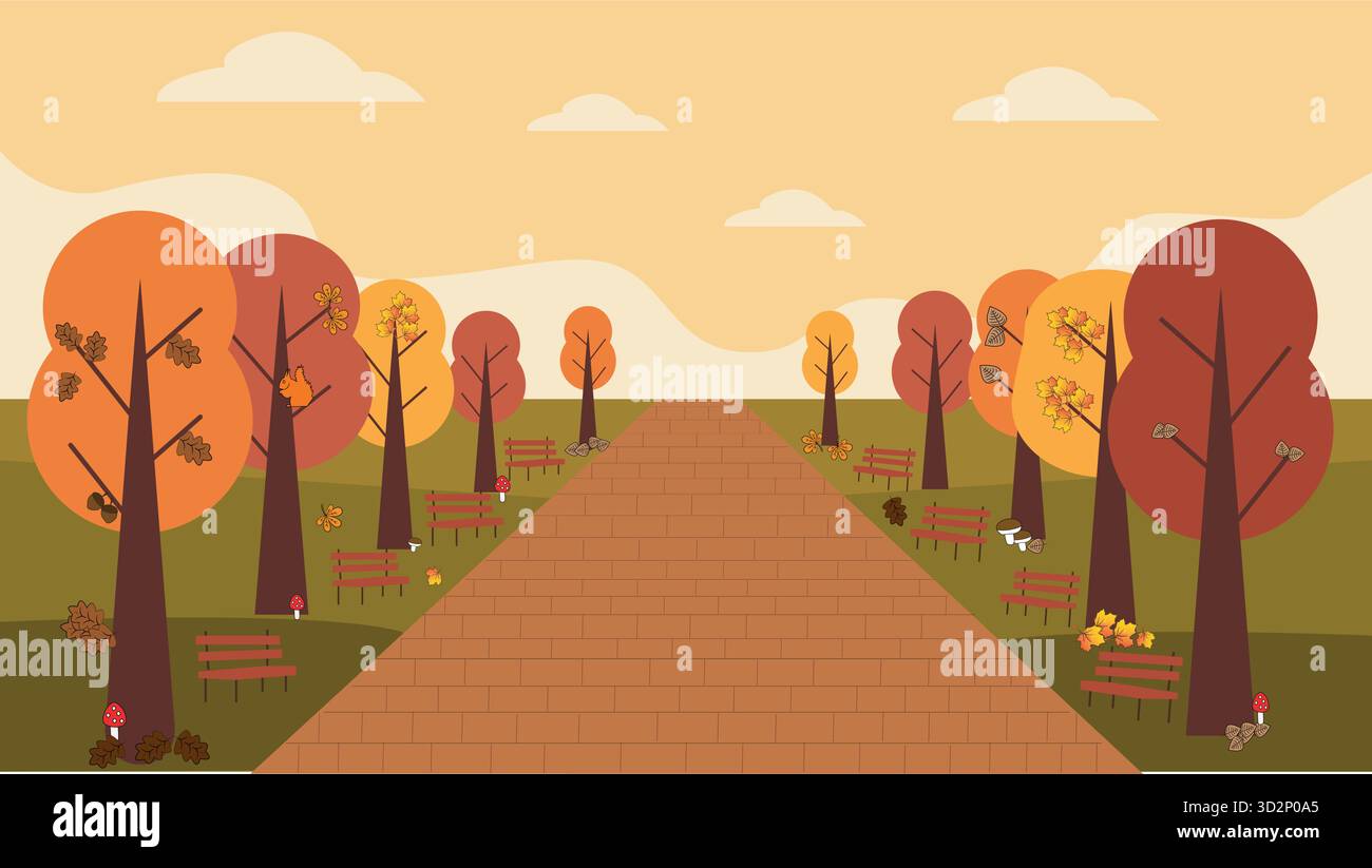 Parco autunnale con alberi e panchine Illustrazione Vettoriale