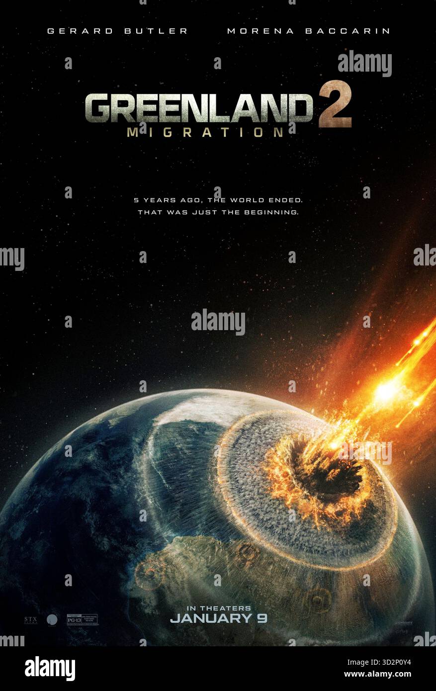Greenland 2: Migration (2026) diretto da Ric Roman Waugh e interpretato da Gerard Butler, Morena Baccarin e Roman Griffin Davis. La famiglia Garrity superstite deve lasciare la sicurezza del bunker della Groenlandia e intraprendere un pericoloso viaggio attraverso le terre desolate e ghiacciate dell'Europa per trovare una nuova casa. SOLO PER L'USO EDITORIALE del poster STATUNITENSE. Credito: BFA / Lionsgate Foto Stock