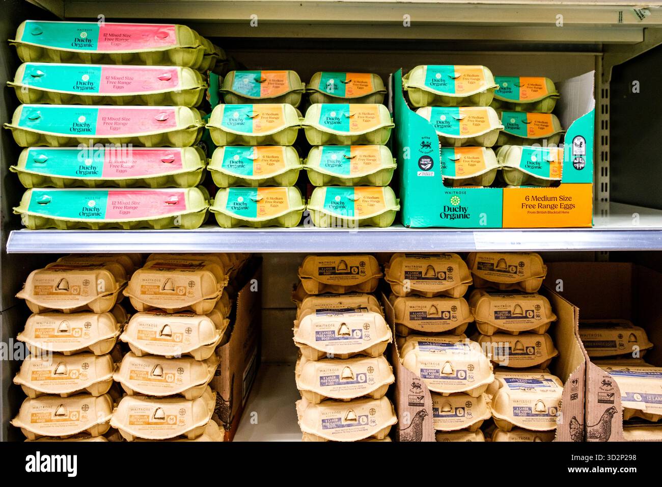 London UK, Novemver 02 2025, Selection of Dutchy and Waitrose Black Tail Hens Chicken eggs Foto Stock