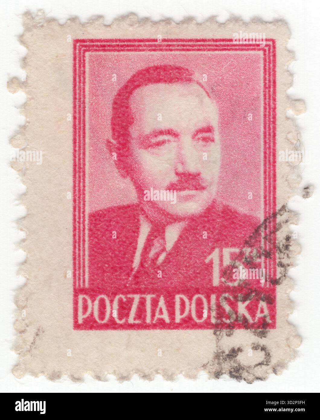 POLONIA — 1948 ottobre 14: 15 francobollo profondo carmine che raffigura il ritratto del presidente Boleslaw Bierut, un attivista e politico comunista polacco, leader della Repubblica Popolare di Polonia nel 1947-1956. È stato Presidente del Consiglio nazionale di Stato, Presidente della Polonia, Segretario generale del Comitato centrale del Partito Operaio Unito polacco e primo Ministro. Implementò aspetti del sistema stalinista in Polonia. Insieme a Władysław Gomułka, il suo principale rivale, Bierut è principalmente responsabile dei cambiamenti storici che la Polonia ha subito dopo la seconda guerra mondiale Foto Stock