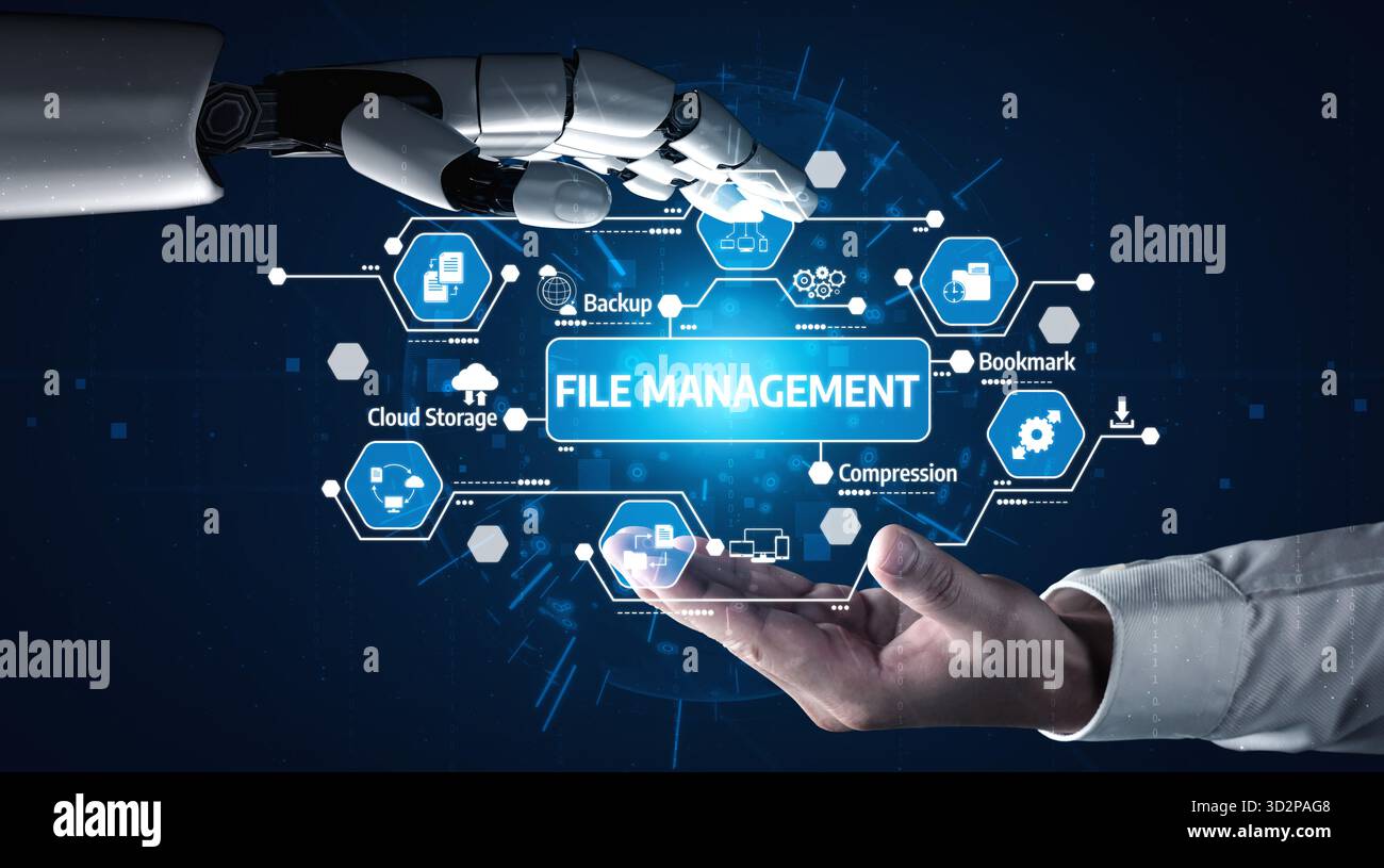 Una mano robotica raggiunge un'interfaccia digitale che mostra i servizi di gestione dei file con icone, simboleggiando l'integrazione di tecnologia e dati Foto Stock