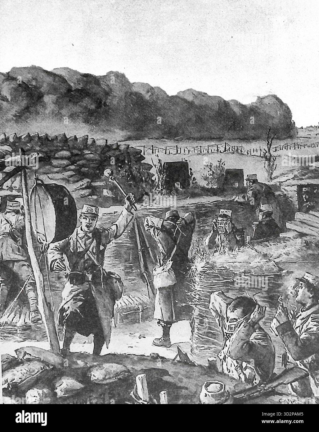 Illustrazione tratta da le Miroir, 11 luglio 1915, raffigurante soldati francesi nelle trincee che suonano l'allarme durante un attacco di gas. Una sentinella colpisce un bacino metallico per avvertire di avvicinarsi a gas asfissianti, spingendo le truppe a indossare maschere protettive. Questa scena rappresenta le prime fasi della guerra chimica sul fronte occidentale e i metodi improvvisati utilizzati per rilevare e sopravvivere alle nuvole di gas nella prima guerra mondiale Foto Stock