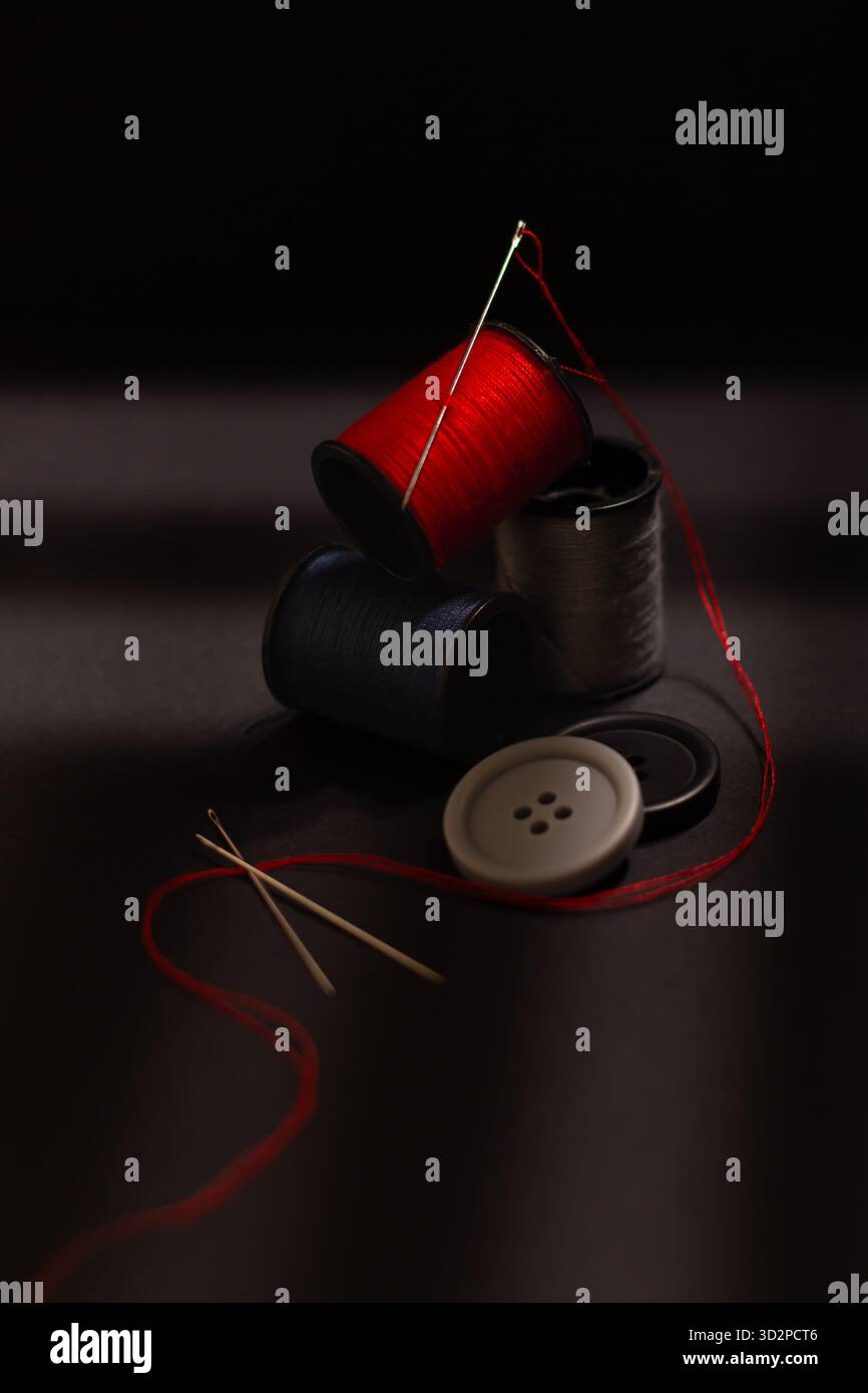 Stelo nero di filo, ago da cucire e filo rosso disposti come una natura morta su uno sfondo scuro, simboleggiando la sartoria. Foto Stock