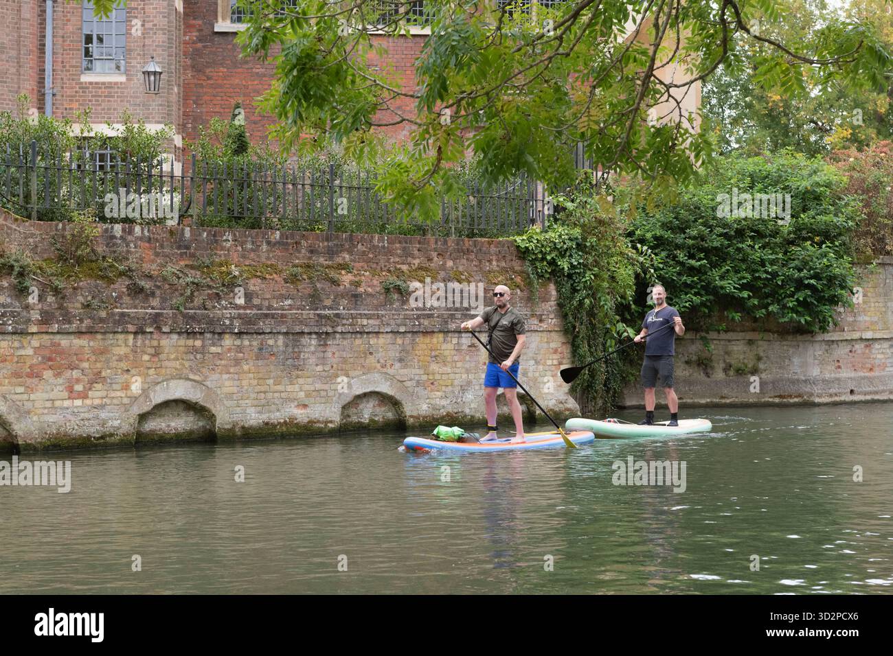 Due Stand Up Paddle Boarders sulla River Cam passando dal Trinity College di Cambridge Foto Stock