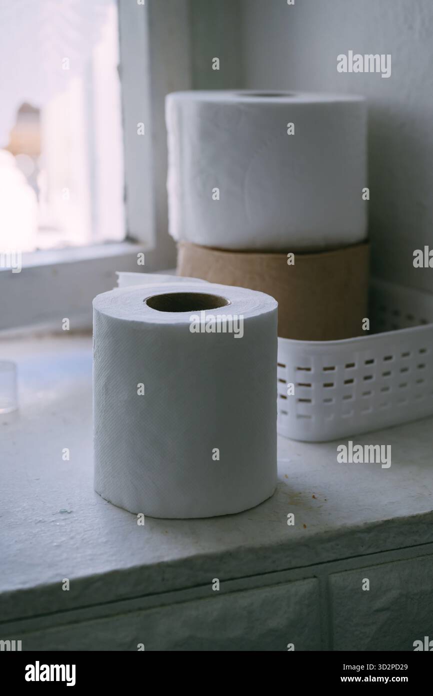 Rotolo di carta igienica posto sul davanzale della finestra nel vecchio bagno rustico. Messa a fuoco selettiva. Foto Stock