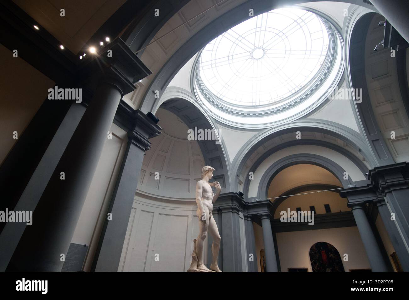 Fotografia della statua in marmo del David di Michelangelo, esposta sotto la cupola della Galleria dell'Accademia di Firenze. Un capolavoro rinascimentale Foto Stock