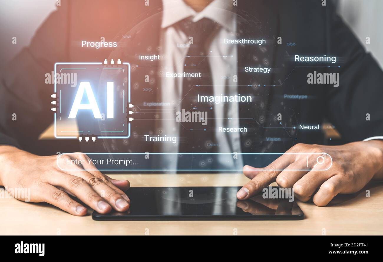 Un concetto di intelligenza artificiale cognitiva che mette in evidenza i suoi processi creativi e strategici. Il sistema usa immaginazione, ragionamento e ricerca per generare una nuova i Foto Stock