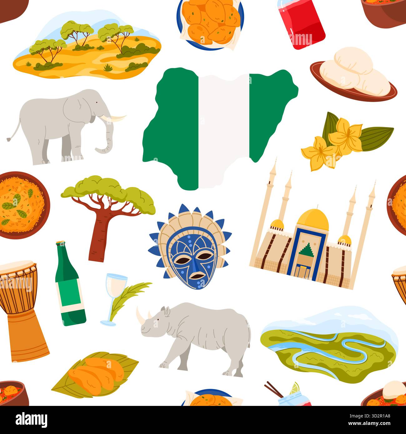 Elementi tradizionali nigeriani, tra cui cibo, fauna selvatica, paesaggi e icone culturali disposti in un modello senza soluzione di continuità, ideali per progetti educativi e creativi, isolati su sfondo bianco, illustrazione vettoriale Illustrazione Vettoriale