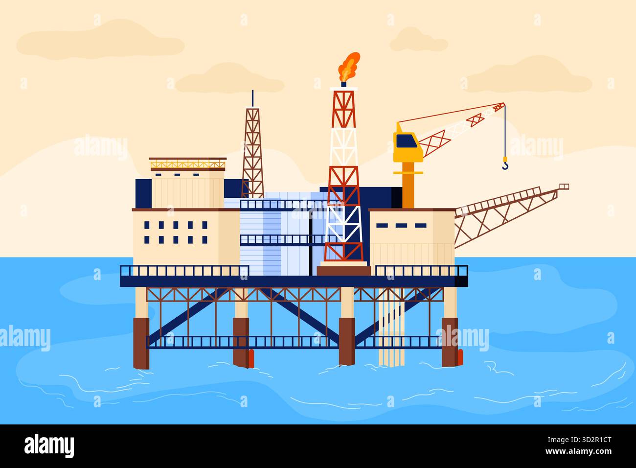 Moderna piattaforma offshore per piattaforme petrolifere con gru, torri di perforazione e fondo oceanico, progettata per l'industria energetica, l'estrazione del petrolio e l'illustrazione vettoriale di progetti ingegneristici Illustrazione Vettoriale