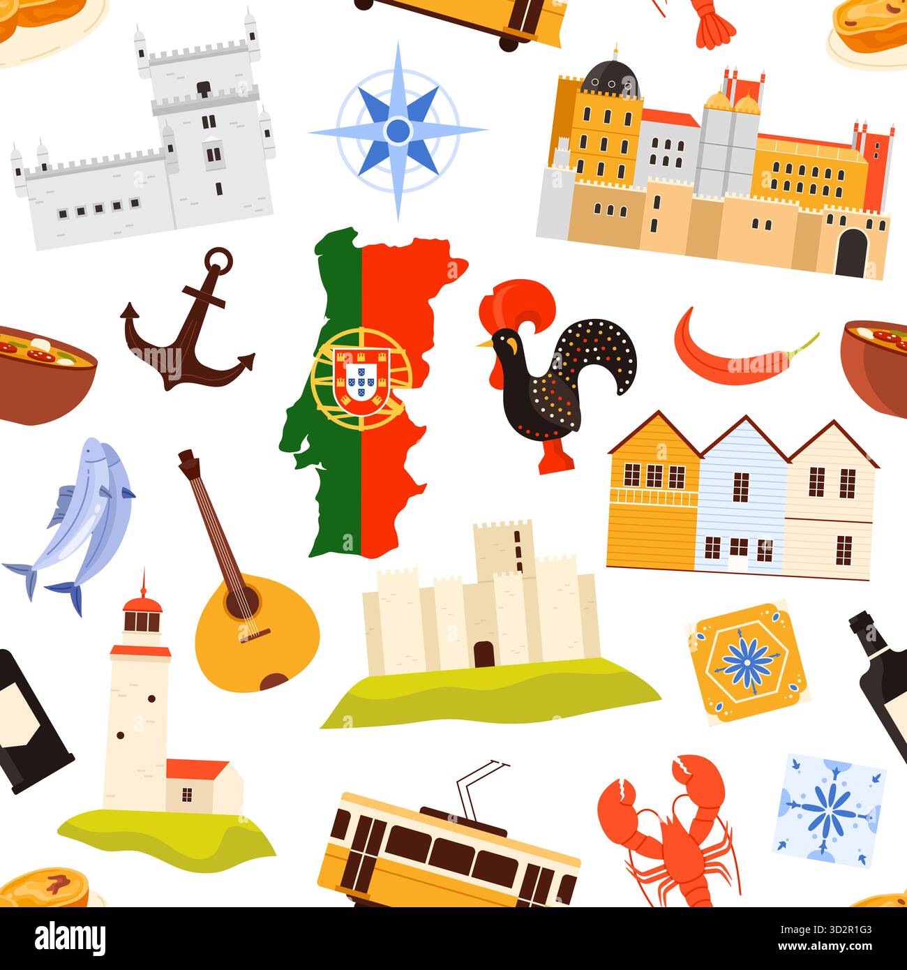 Icone tradizionali portoghesi, tra cui monumenti storici, cibo, mappa, gallo, tram, e riquadri disposti in un colorato motivo senza cuciture su sfondo bianco Illustrazione Vettoriale