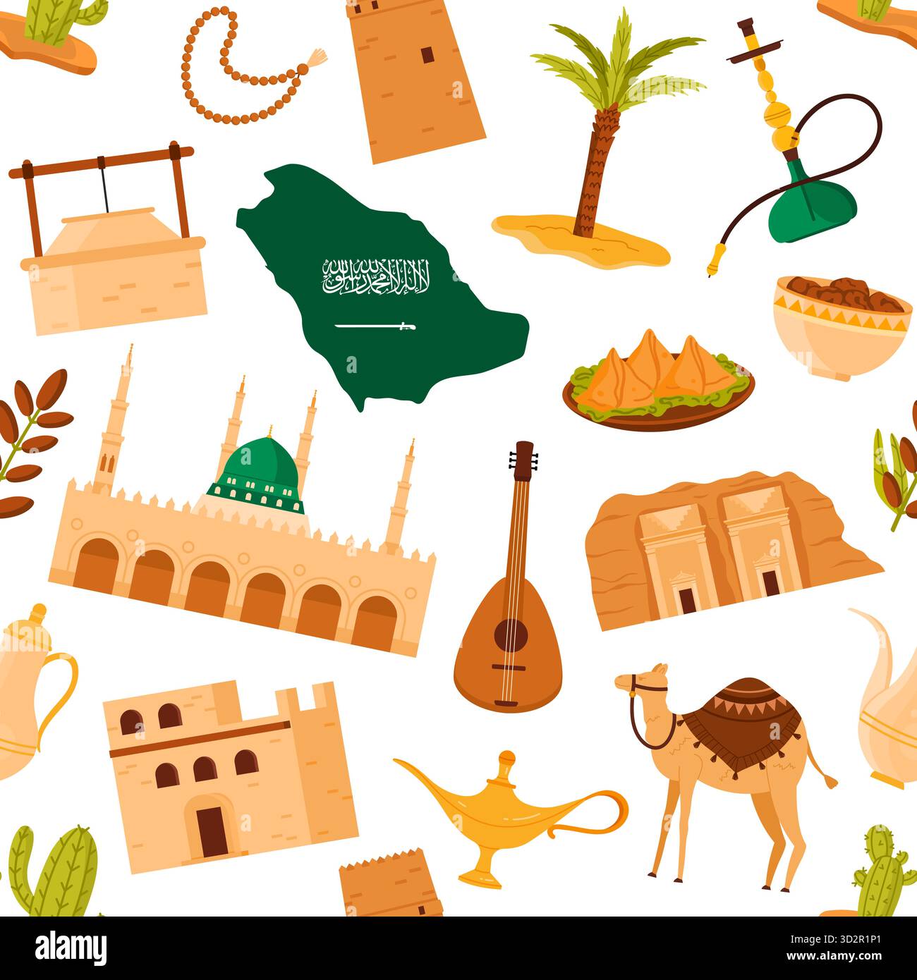 Icone tradizionali dell'Arabia Saudita, tra cui punti di riferimento, cibo, architettura ed elementi culturali, disposte in uno schema ripetitivo senza interruzioni su sfondo bianco, illustrazione vettoriale Illustrazione Vettoriale