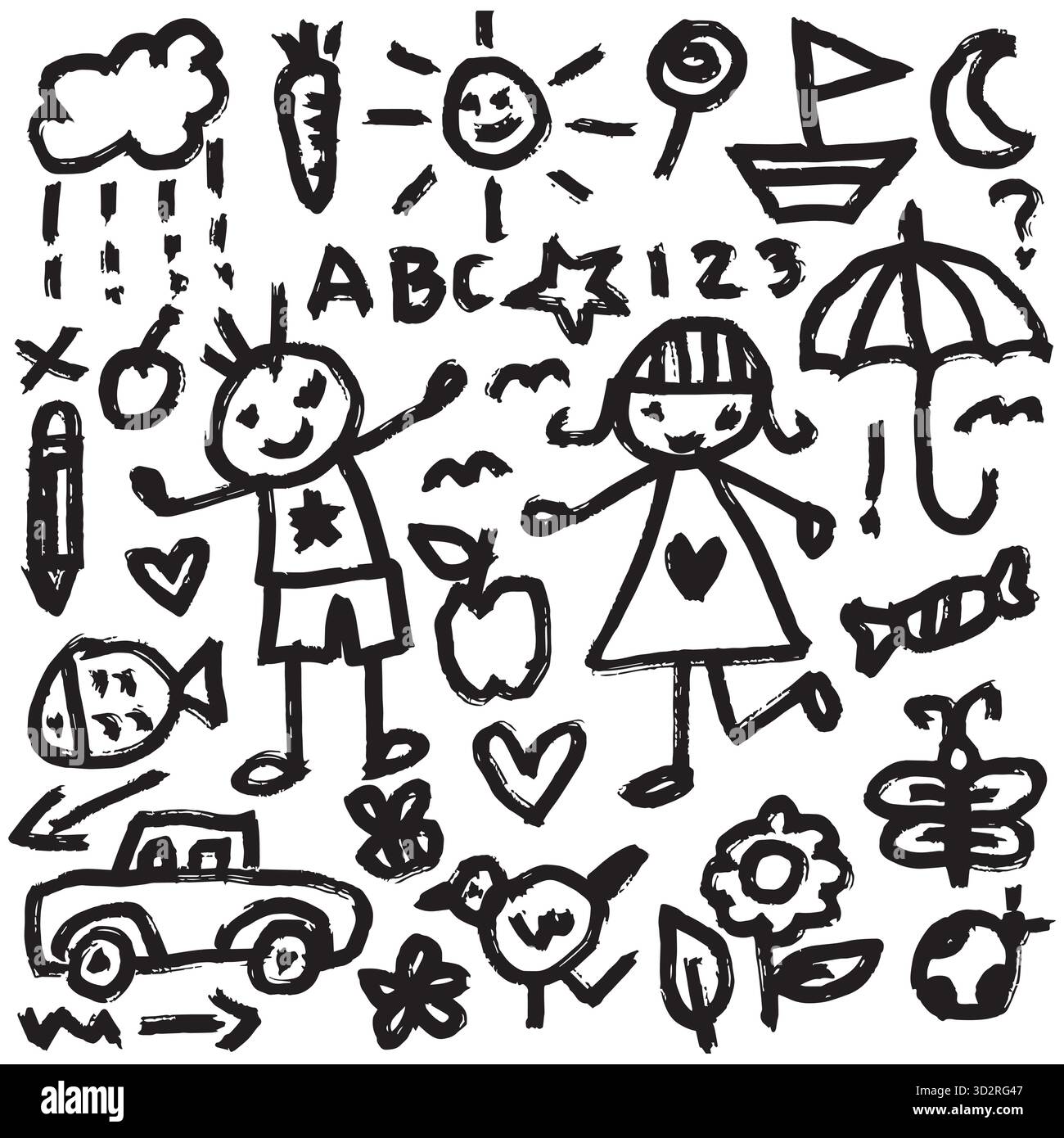 Set di bambini e simboli disegnati a mano. illustrazione vettoriale Illustrazione Vettoriale