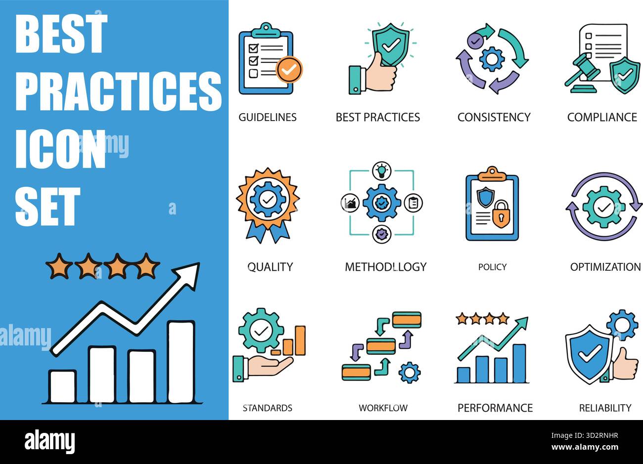 Set di icone Best Practices e Business Optimization, simboli vettoriali solidi per flusso di lavoro, linee guida, prestazioni, standard, miglioramento, protocolli, e. Illustrazione Vettoriale