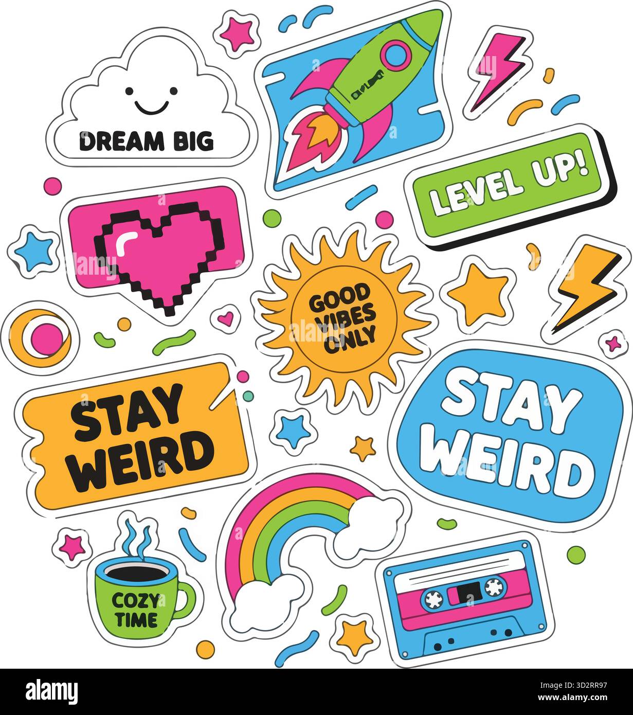 Y2K retro Sticker Pack, patch originali ispirate agli anni '90 e '2000 con frasi fantastiche, lattine di bibite gassate, emoji acide e grafica a cuore in un grunge hipster Illustrazione Vettoriale