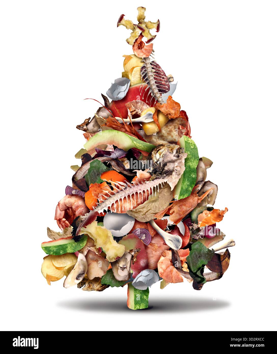 Compostaggio natalizio e compost durante la stagione invernale come albero di Natale con un gruppo di rifiuti organici biodegradabili sostenibili che rappresentano i contro Foto Stock
