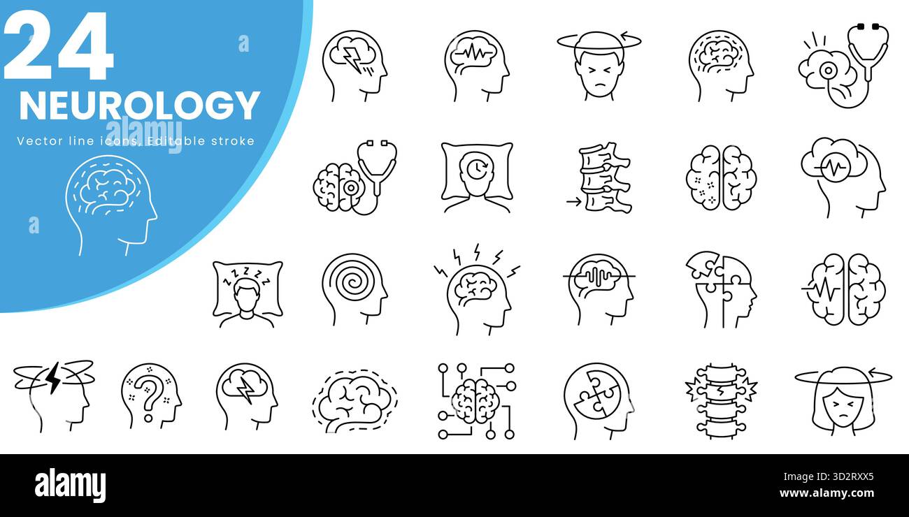 Set di 24 icone neurologiche, come Alzheimer, Parkinson, insonnia, epilessia e altro ancora. Traccia modificabile. Illustrazione Vettoriale