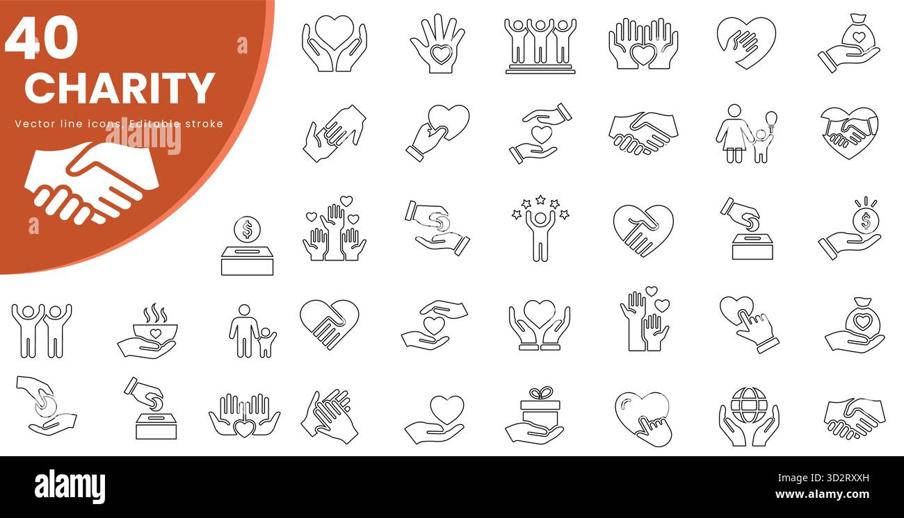 Set di icone Charity and Donation Line, incentrato su beneficenza, donazione e aiuti umanitari. Illustrazione vettoriale Illustrazione Vettoriale