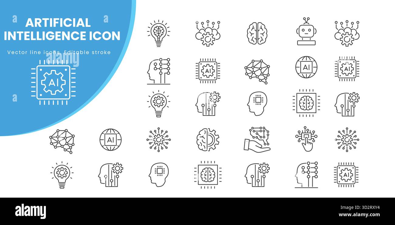 Raccolta di icone di intelligenza artificiale. Algoritmi, automazione, programmazione, sistema automatizzato, innovazione e altro ancora. Traccia modificabile. Illustrazione Vettoriale