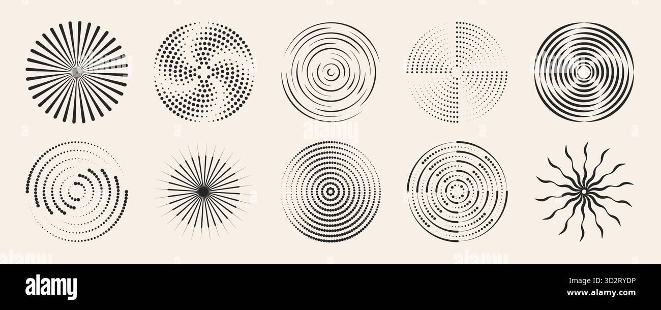 Pattern radiali astratti impostati isolati sullo sfondo. Illustrazione vettoriale di cerchi concentrici neri con punti, linee e onde, suono ondulato o anelli del segnale radio, vibrazione radiale, icone dell'epicentro Illustrazione Vettoriale