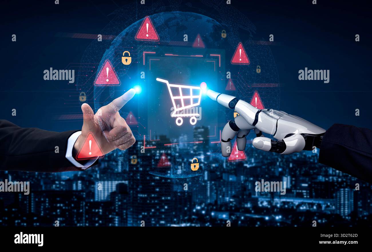 Un assistente ai rileva un rischio di sicurezza informatica durante una transazione di shopping online. Il sistema Smart emette un avviso di sicurezza per proteggere l'utente Foto Stock