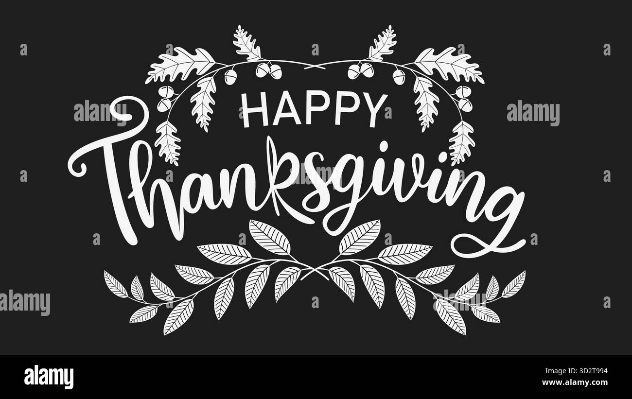 Striscione calligrafico di felice Ringraziamento con foglie autunnali e corno Illustrazione Vettoriale