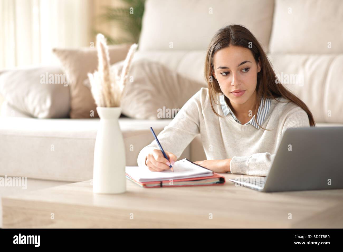 Studente che prende appunti guardando il corso online sul notebook a casa Foto Stock