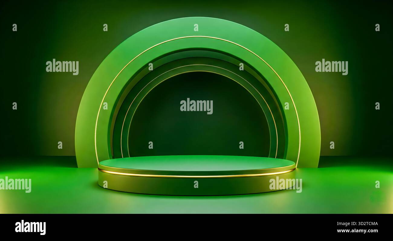 Podio verde vuoto con sfondo ad arco a strati e dettagli dorati, palco di lusso per la presentazione dei prodotti per concept premium, di bellezza o di vacanza Foto Stock