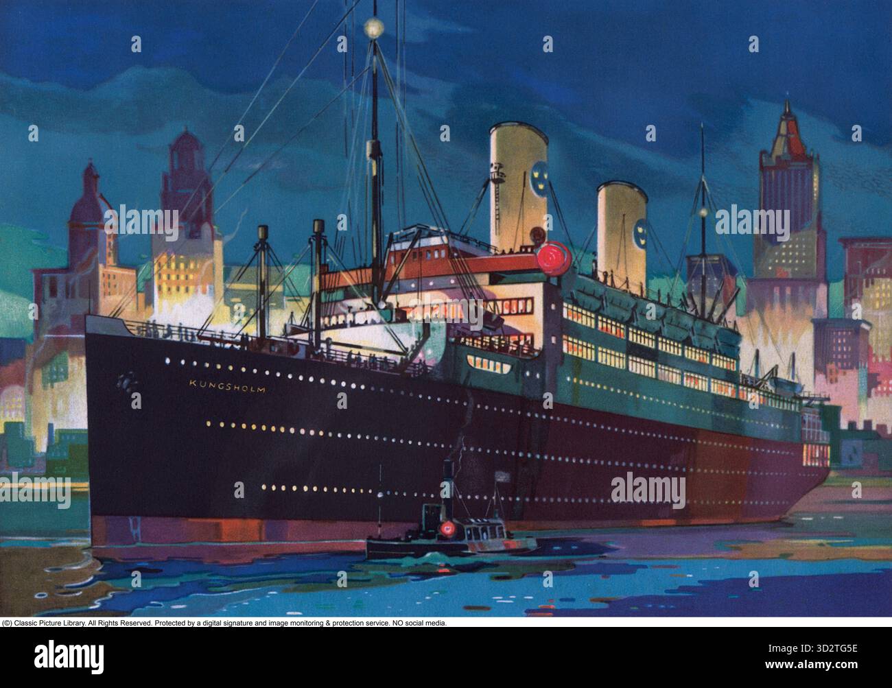 M/S Kungsholm (1928) era un transatlantico di lusso costruito per la Swedish American Line presso il cantiere Blohm & Voss di Amburgo. Lanciata il 17 marzo 1928, è diventata un simbolo dell'eleganza marittima svedese e dell'ambizione transatlantica. La nave operava sulla rotta Goteborg-New York circa due volte al mese, offrendo comfort di prima classe per un massimo di 1.428 passeggeri in tre classi. Misurando 181 metri di lunghezza e raggiungendo velocità di 17,5 nodi, Kungsholm presenta interni progettati secondo l'interpretazione svedese dell'Art Deco, noto come Swedish Grace. Il progetto è stato supervisionato dall'architetto Carl Ber Foto Stock