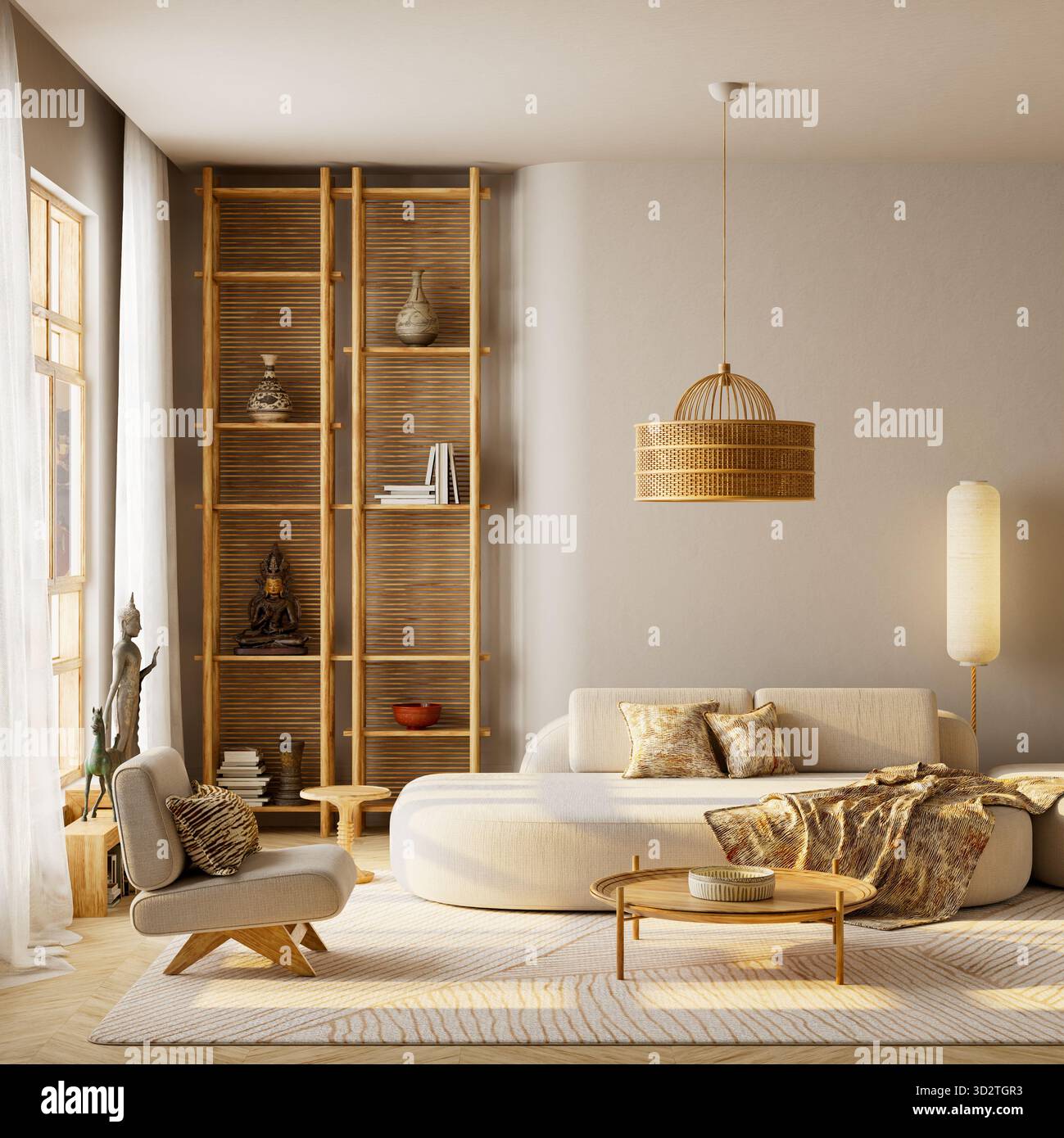 Interni in stile giapponese con accoglienti mobili in legno, tonalità calde, luce soffusa e un design minimalista moderno. Illustrazione 3D. Foto Stock