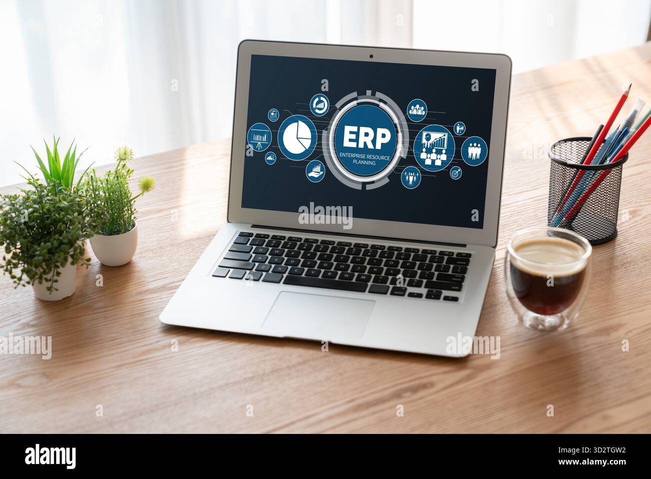 Software ERP per la pianificazione delle risorse aziendali per un'azienda disastra che pianifica la strategia di marketing Foto Stock