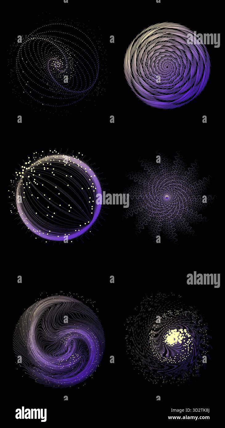 Sfere circolari di movimento delle particelle con gradienti viola brillante e giallo su nero Illustrazione Vettoriale