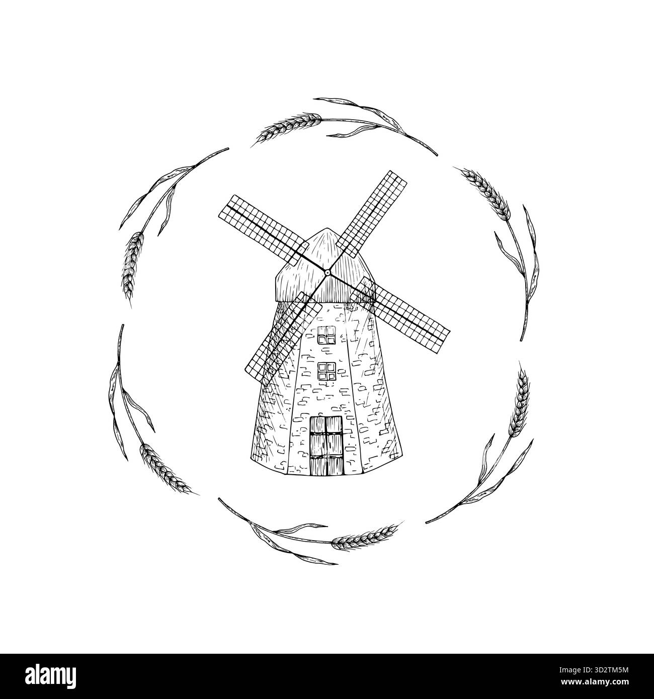 Disposizione vettoriale con mulino a vento, borsa in tela di tessuto per il cibo o la consegna. Sacchetto di inchiostro grafico con farina, orecchio di grano, illustrazione della granella isolata su Illustrazione Vettoriale