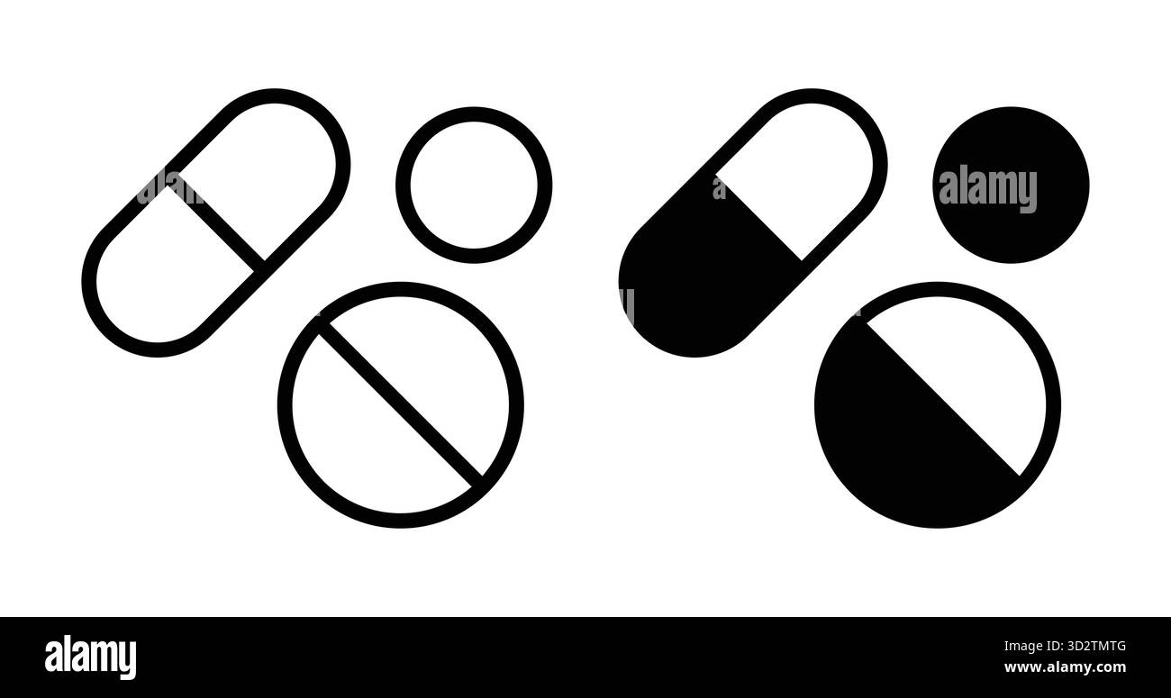 Illustrazione in bianco e nero con varie pillole e capsule ideale per rappresentare temi medici e sanitari in disegni visivi. Illustrazione Vettoriale