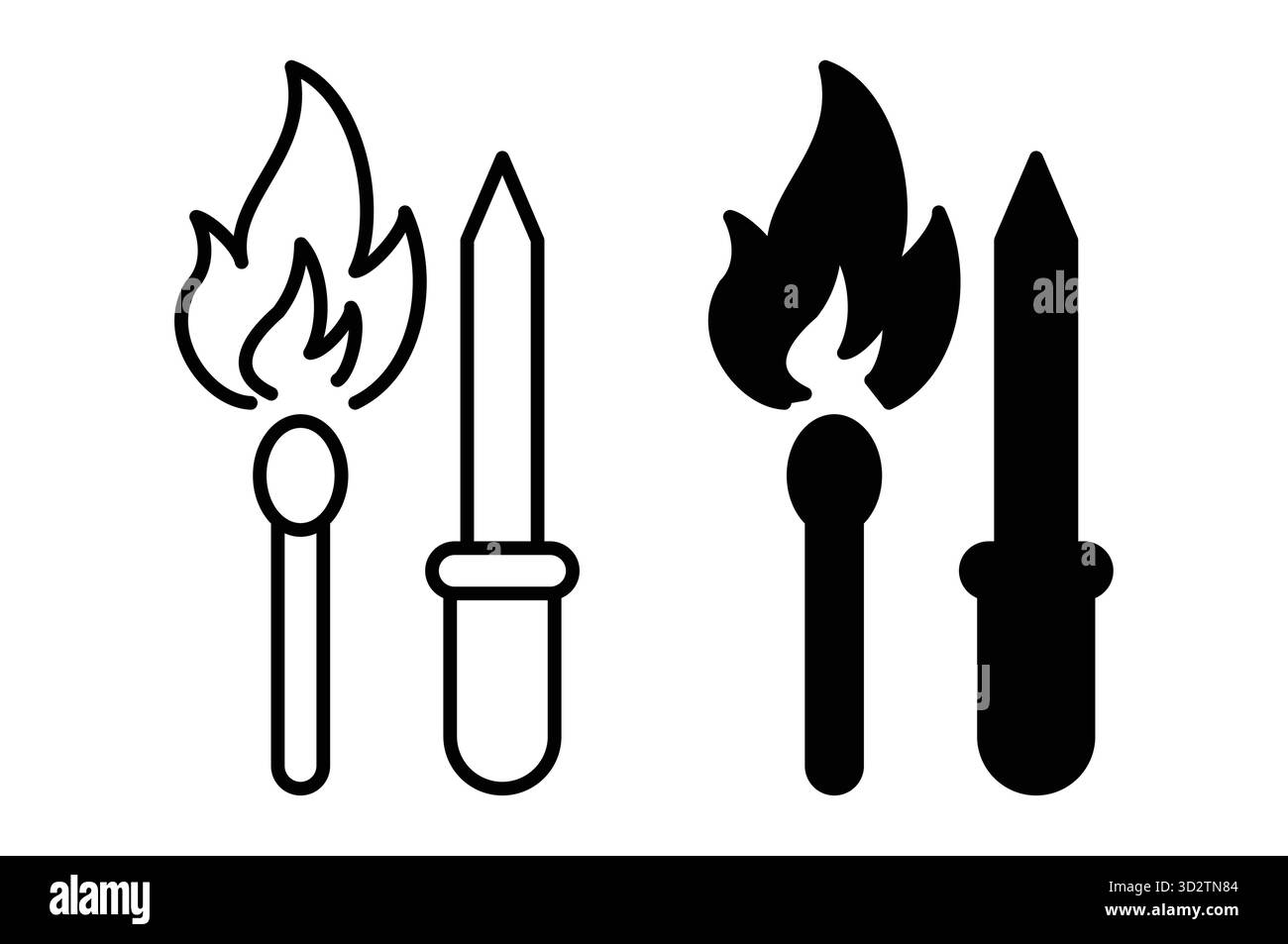 Collezione di fiammiferi e illustrazioni di fiamma in bianco e nero. Perfetto per progetti creativi, elementi di design o materiali didattici in fiamme Illustrazione Vettoriale