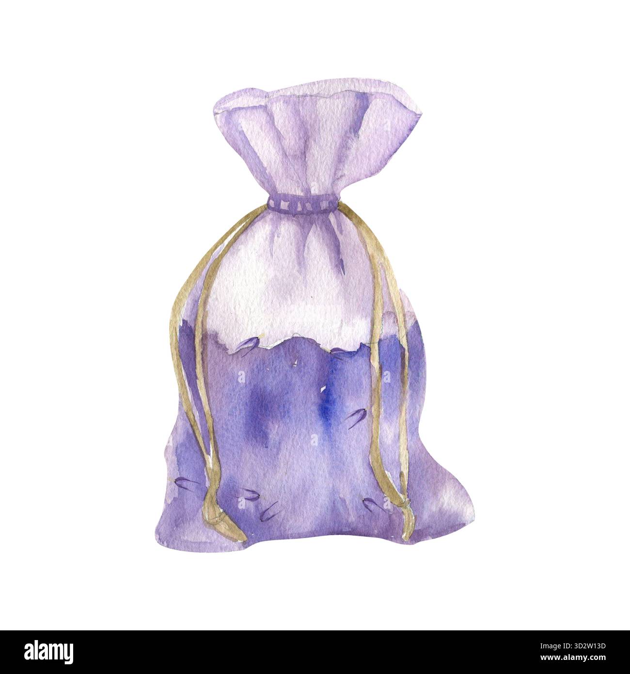 Sacchetto con cordoncino viola con illustrazione ad acquerello di fiori asciutti di lavanda. Bustina aromatica per la casa disegnata a mano con erbe archiviate, fermaglio stile cottage core per Foto Stock