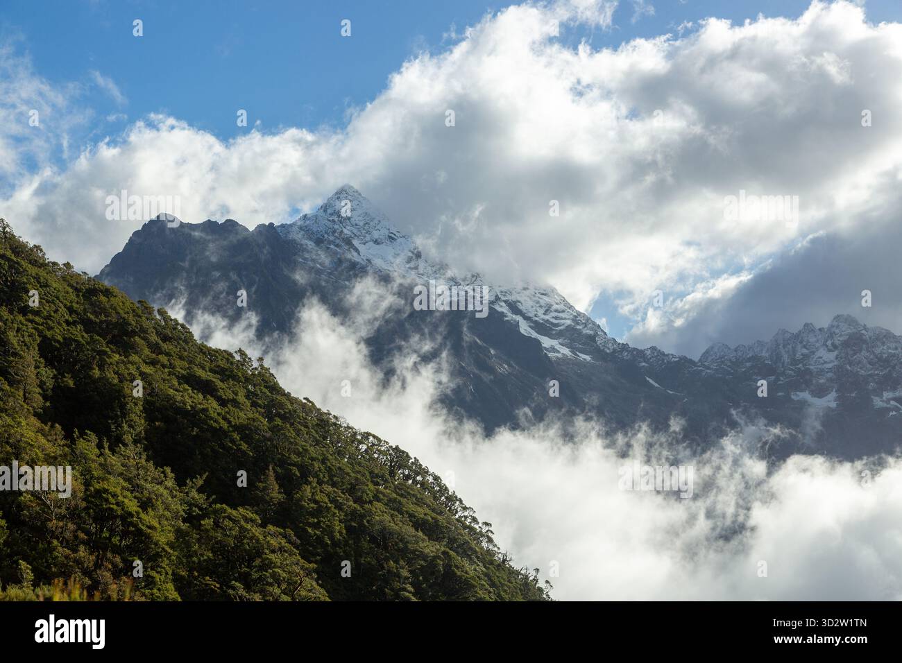 Un Monte Christina innevato dal Key Summit Trek, Fiordland, South Island, nuova Zelanda Foto Stock