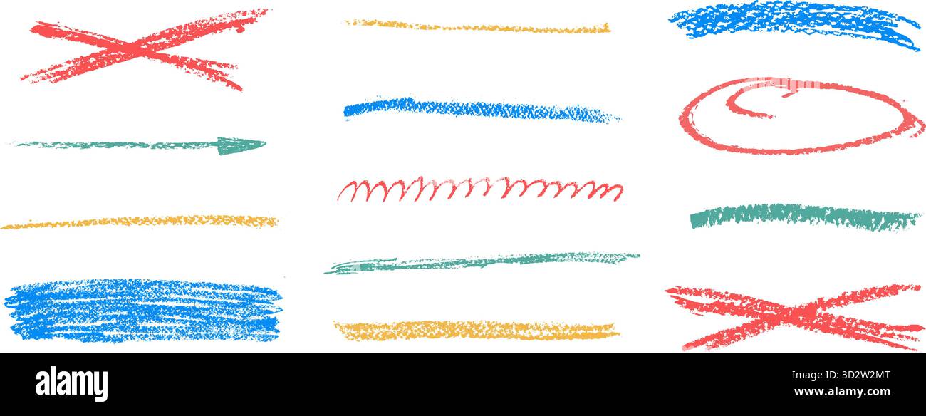 Set disegnato con pastello sottolineato. Linee del tratto pennello a matita. Striscia diritta testurizzata per bambini disegnata a mano, enfatizza gli elementi a mano libera. Freccia, colore scarabocchiatura pieno Illustrazione Vettoriale