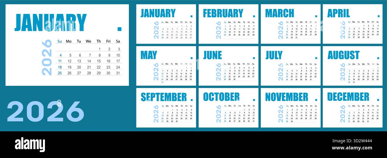 Anno civile 2026. calendario vettoriale. Calendario su sfondo bianco per le aziende. La settimana inizia domenica. modello, design semplice e pulito. Illustrazione Vettoriale
