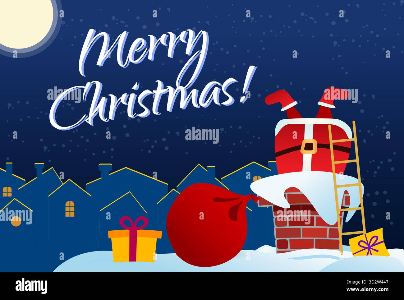 Buon Natale. Babbo Natale si tuffa nel camino. Ci sono dei regali dalla borsa accanto ad essa. Illustrazione Vettoriale