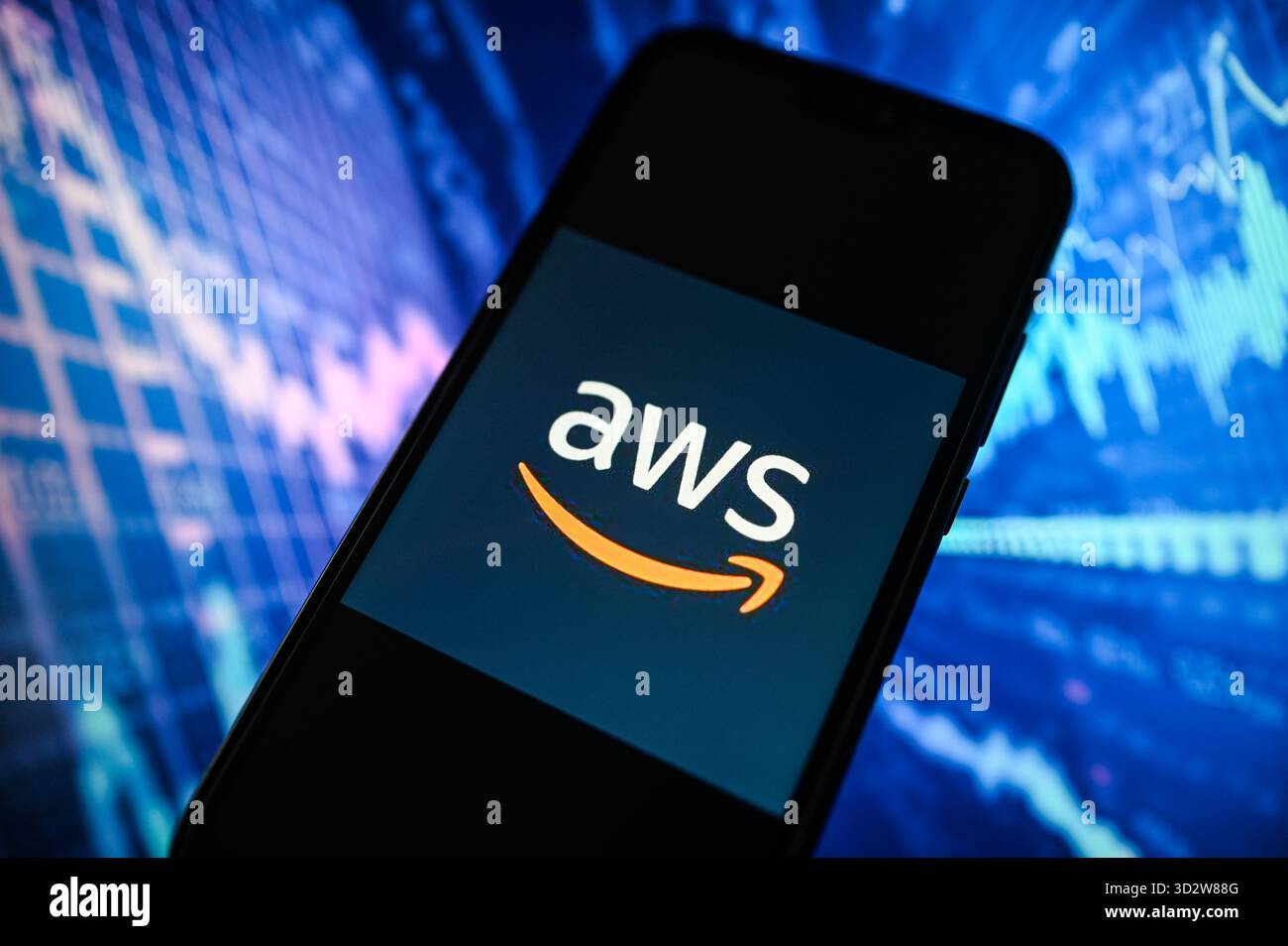 Polonia. 3 novembre 2025. In questa immagine, un logo AWS viene visualizzato su uno smartphone con percentuali di mercato azionario sullo sfondo. (Foto di Omar Marques/SOPA Images/Sipa USA) *** esclusivamente per notizie editoriali *** credito: SIPA USA/Alamy Live News Foto Stock