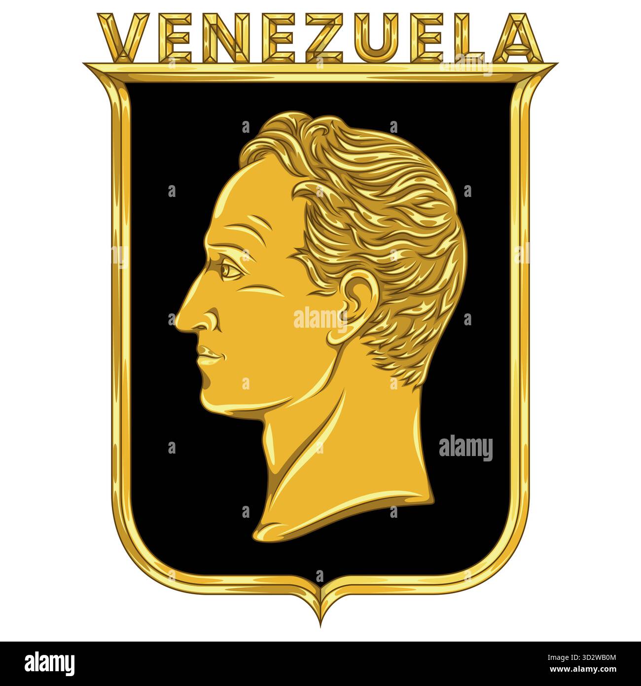 Profilo busto di Simón Bolívar, liberatore del Venezuela, busto di Simón Bolívar su uno scudo araldico Illustrazione Vettoriale